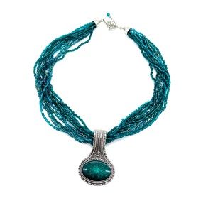 Multi Strand Green Beads w/ Turquoise Pandant